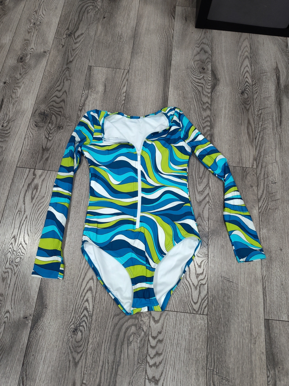 Girls' Long-Sleeve One-Piece Swimsuit in Blue & Green Wave Print